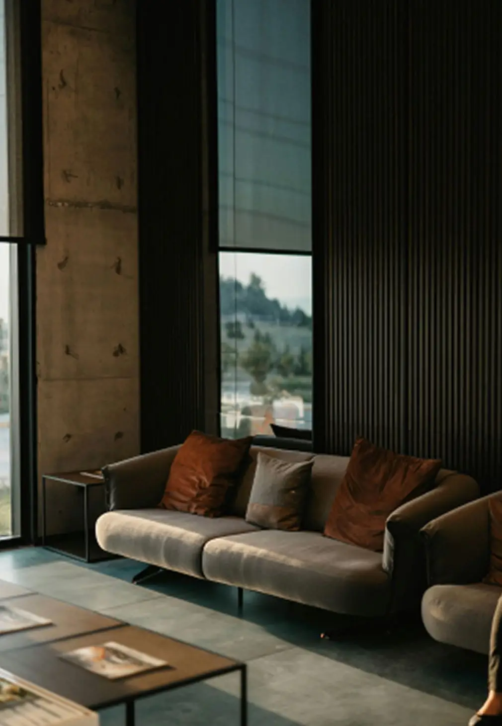Dark lounge with fluted wall panels